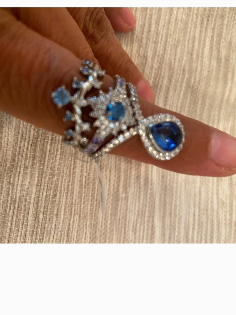 Silver-Tone Blue Teardrop & Round Crystal Statement Ring Set